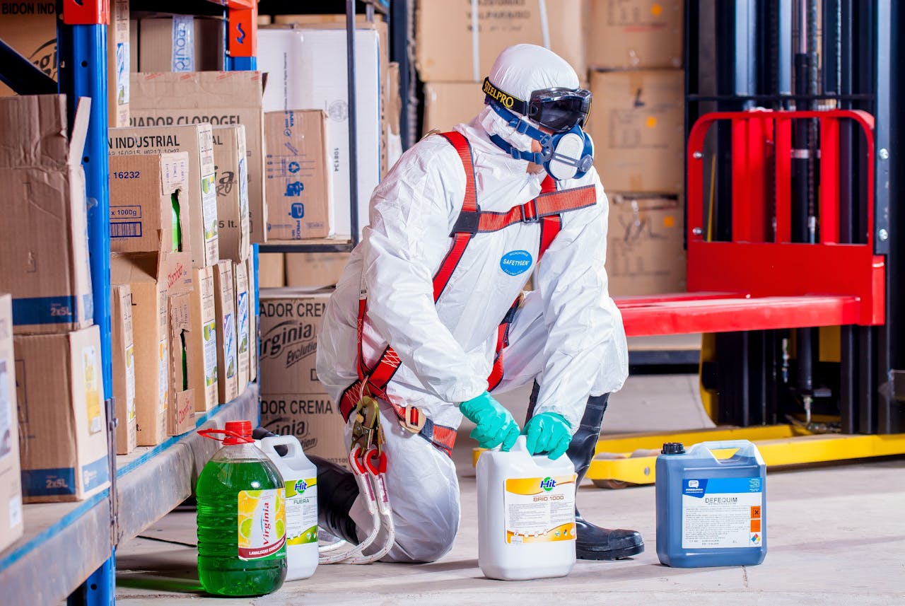 Industrial worker in protective gear handling chemicals in a warehouse environment.